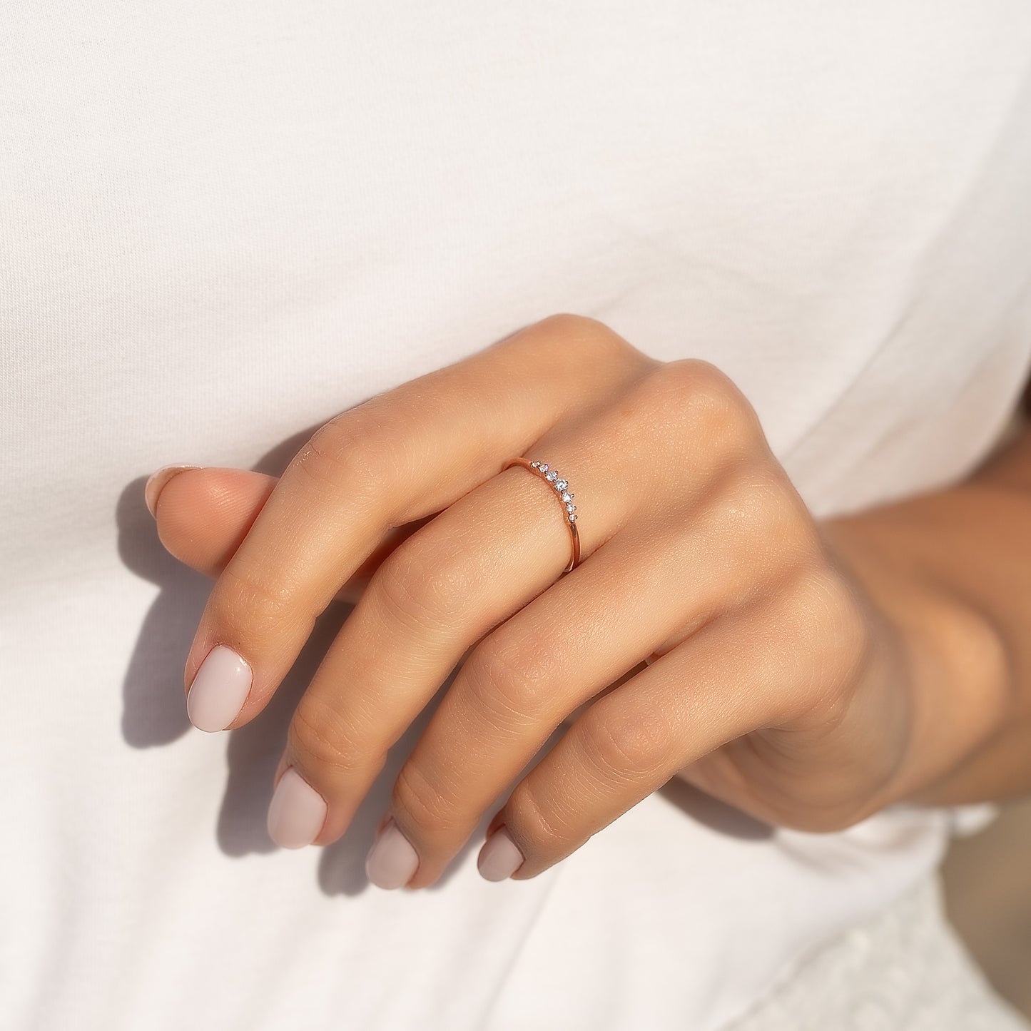 Women Dainty 18K Rose Gold Vermeil Silver Сhevron CZ Wedding Band, Curved Stackable Ring
