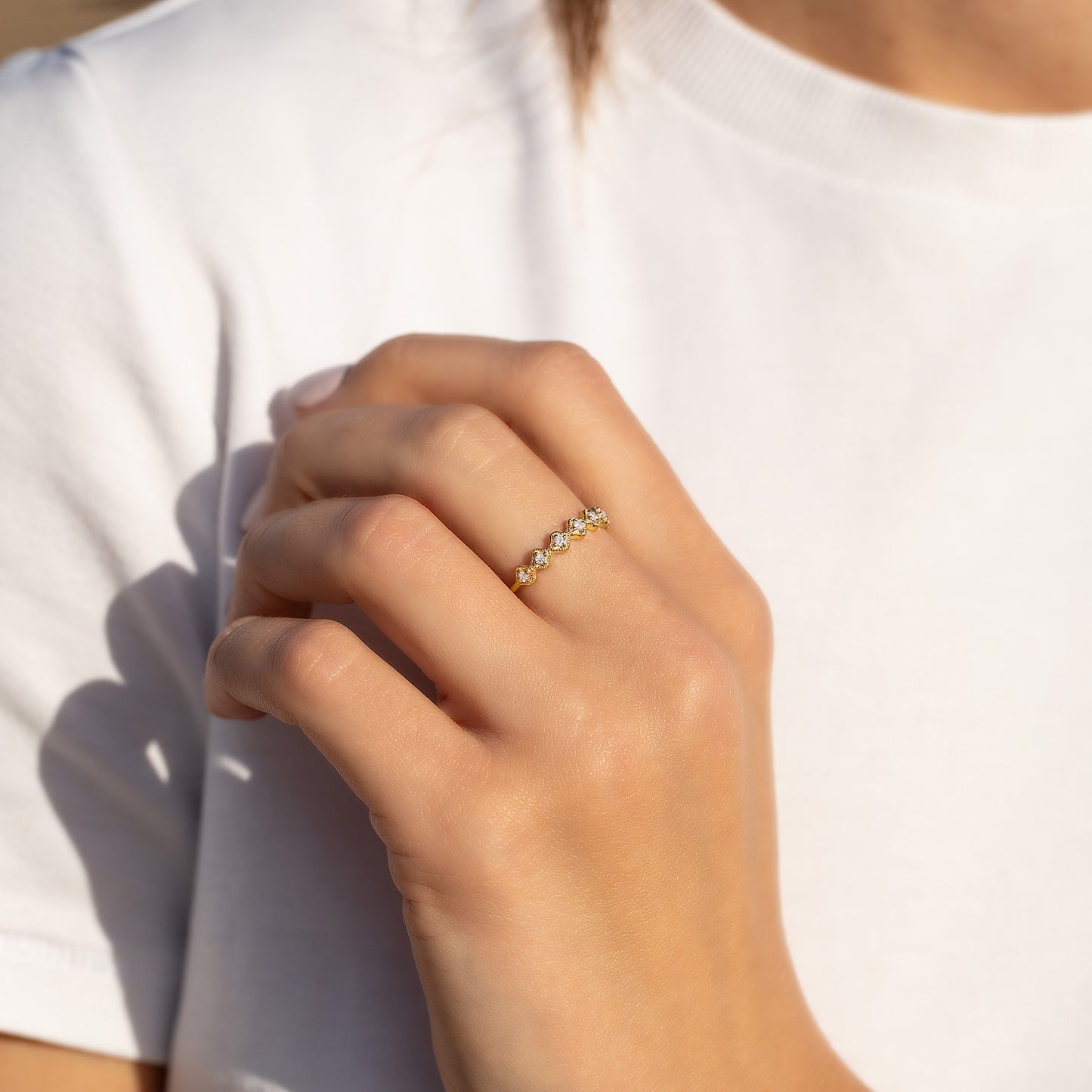 Women Dainty Vintage Style Art Deco 18k Yellow Gold Vermeil CZ Wedding Band