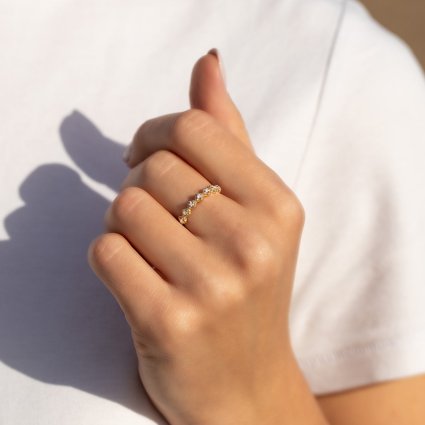 Women Dainty Vintage Style Art Deco 18k Yellow Gold Vermeil CZ Wedding Band