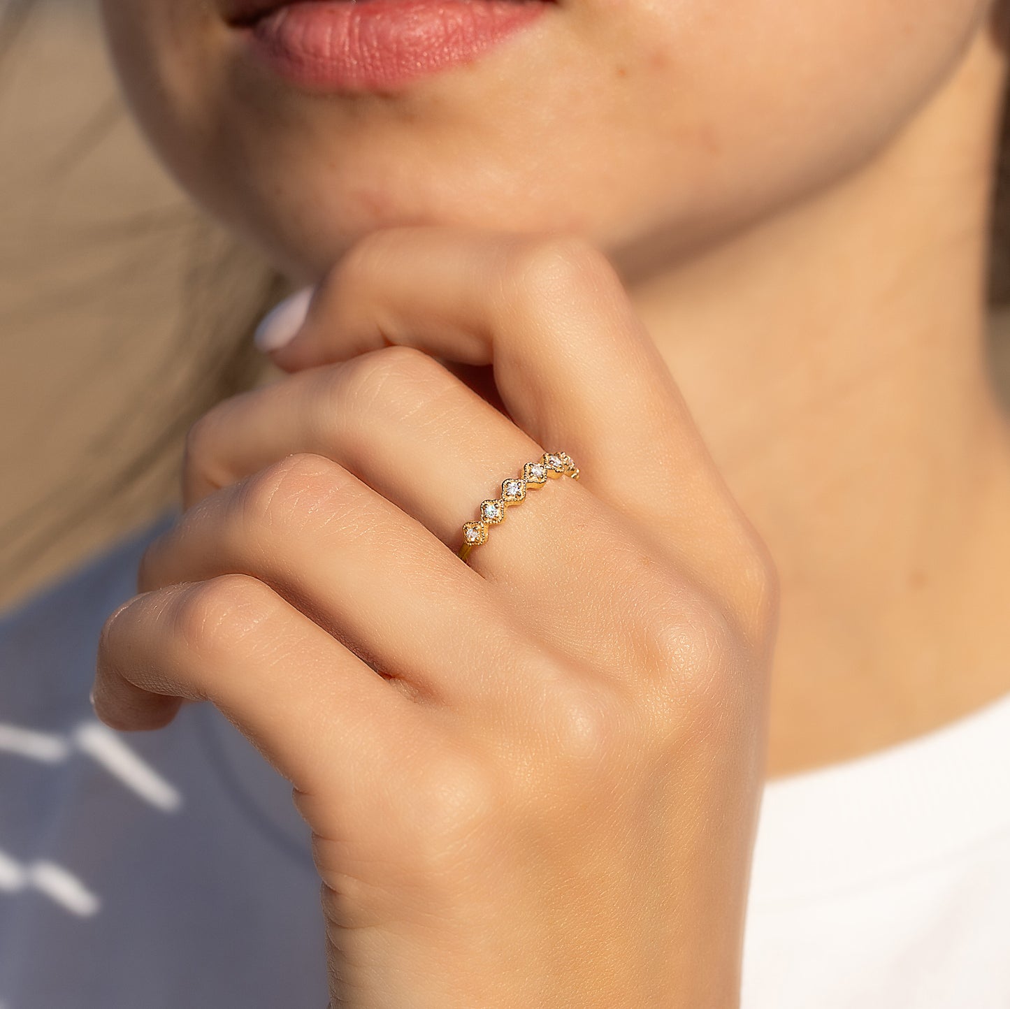 Women Dainty Vintage Style Art Deco 18k Yellow Gold Vermeil CZ Wedding Band