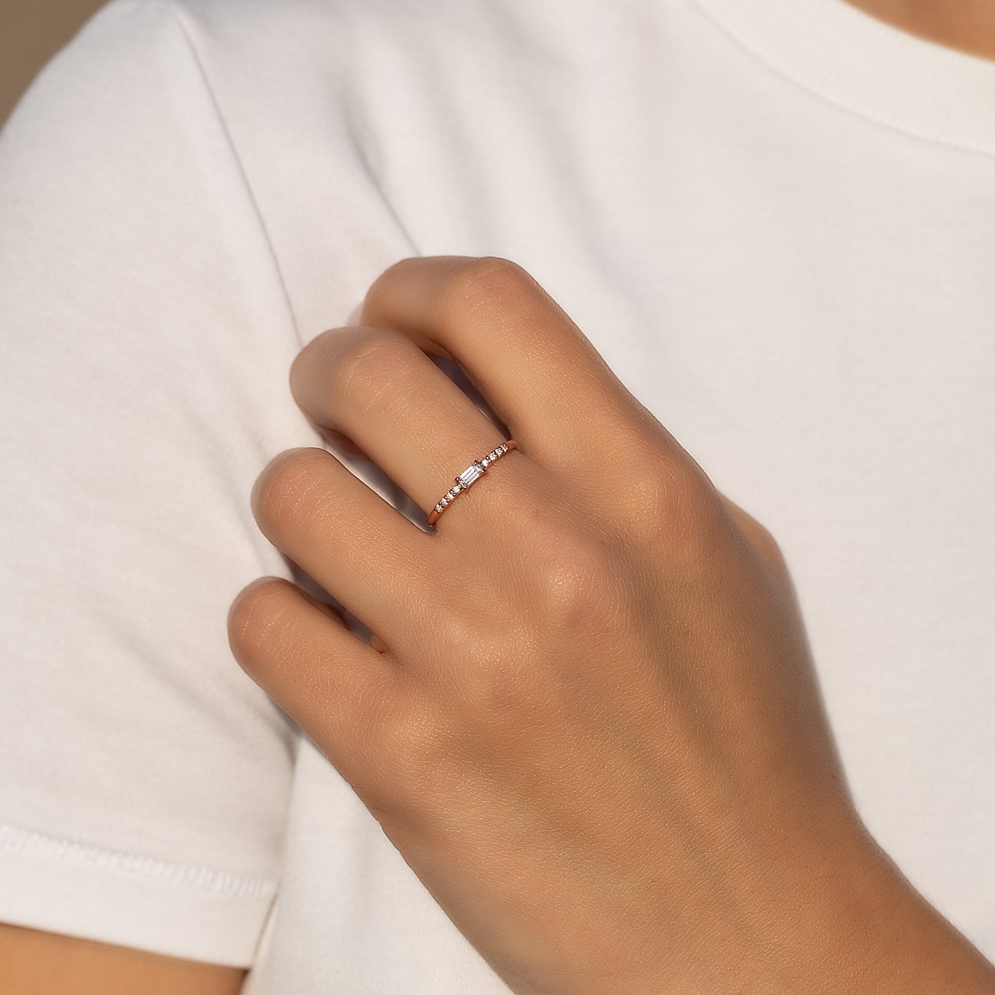 Minimalist Dainty 18K Rose Gold Vermeil Baguette CZ Engagement Ring