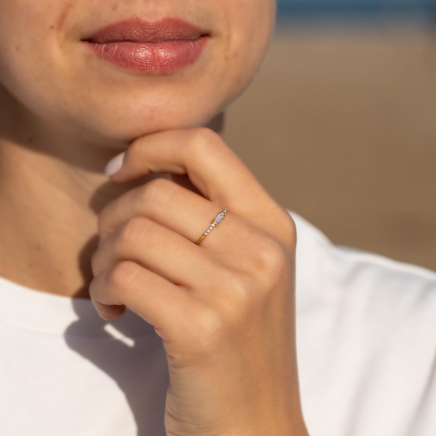 Dainty Minimalist 18k Yellow Gold Vermeil Silver Baguette CZ Promise Ring for Her