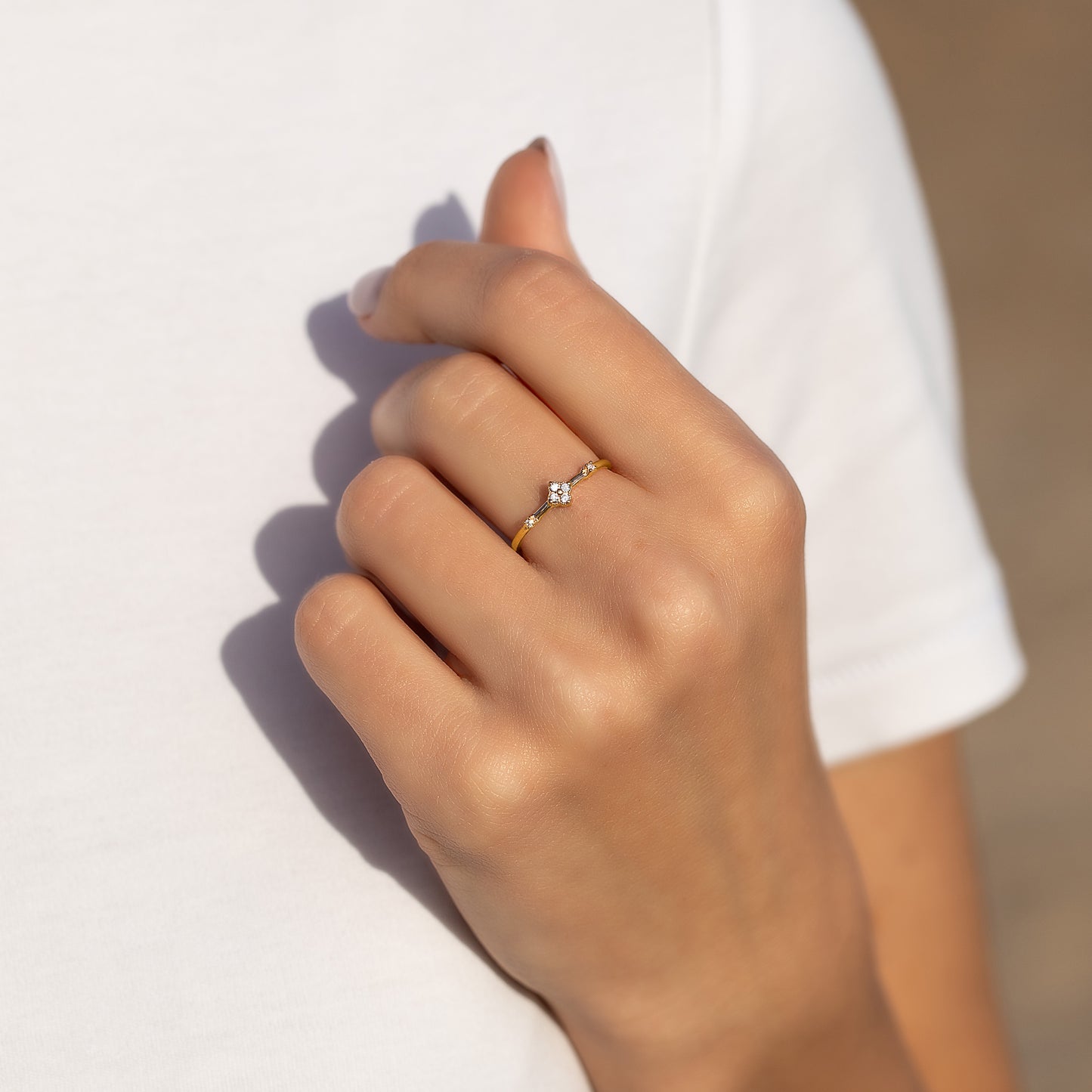 Women Dainty Minimalist 18K Yellow Gold Vermeil Silver CZ Floral Engagement Ring