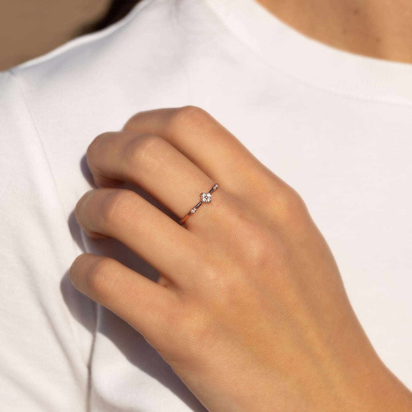 Dainty Minimalist 18K Rose Gold Vermeil Silver Clover CZ Promise Ring for Her