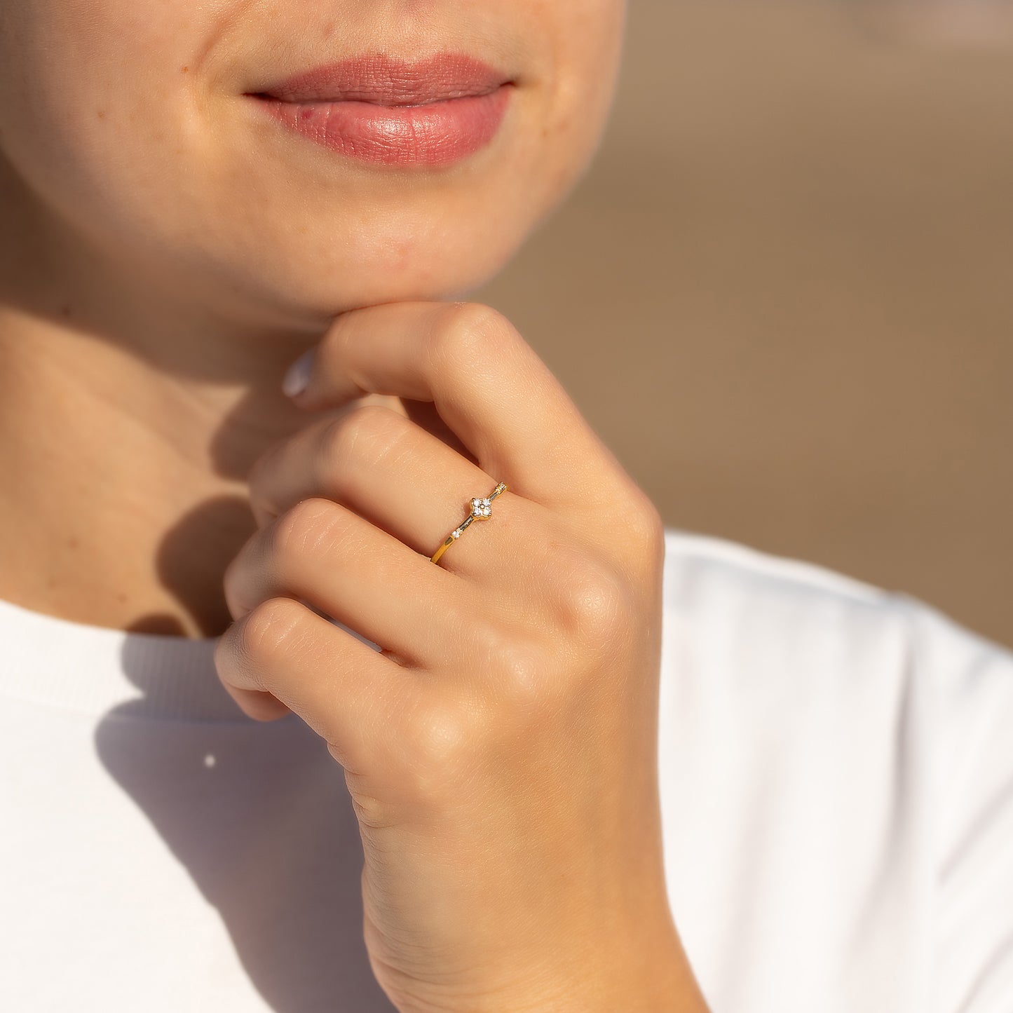 Women Dainty Minimalist 18K Yellow Gold Vermeil Silver CZ Floral Engagement Ring