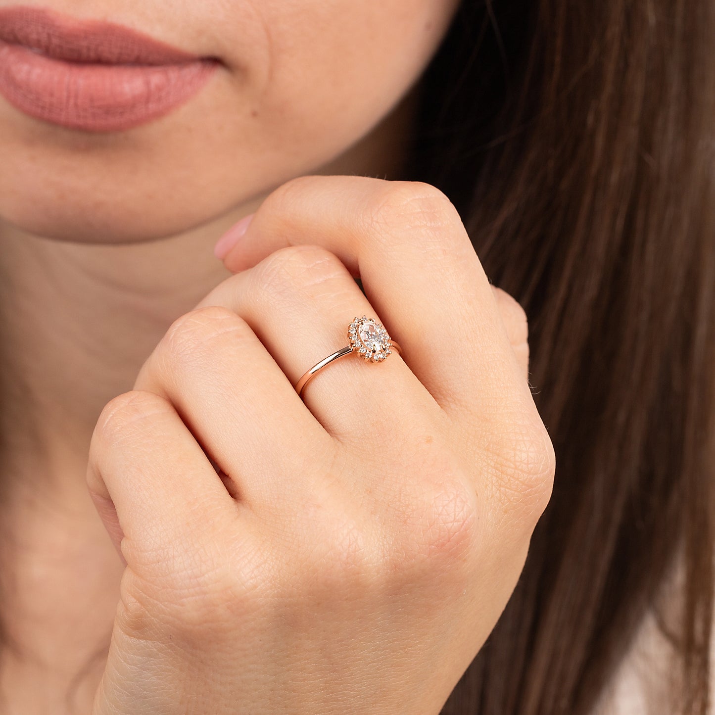 Dainty Halo 18k Rose Gold Vermeil Oval-Cut Cubic Zirconia Engagement Ring for Her