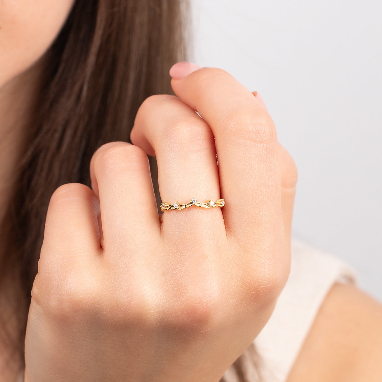 18k Yellow Gold Vermeil Nature Inspired Cubic Zirconia Curved Wedding Ring