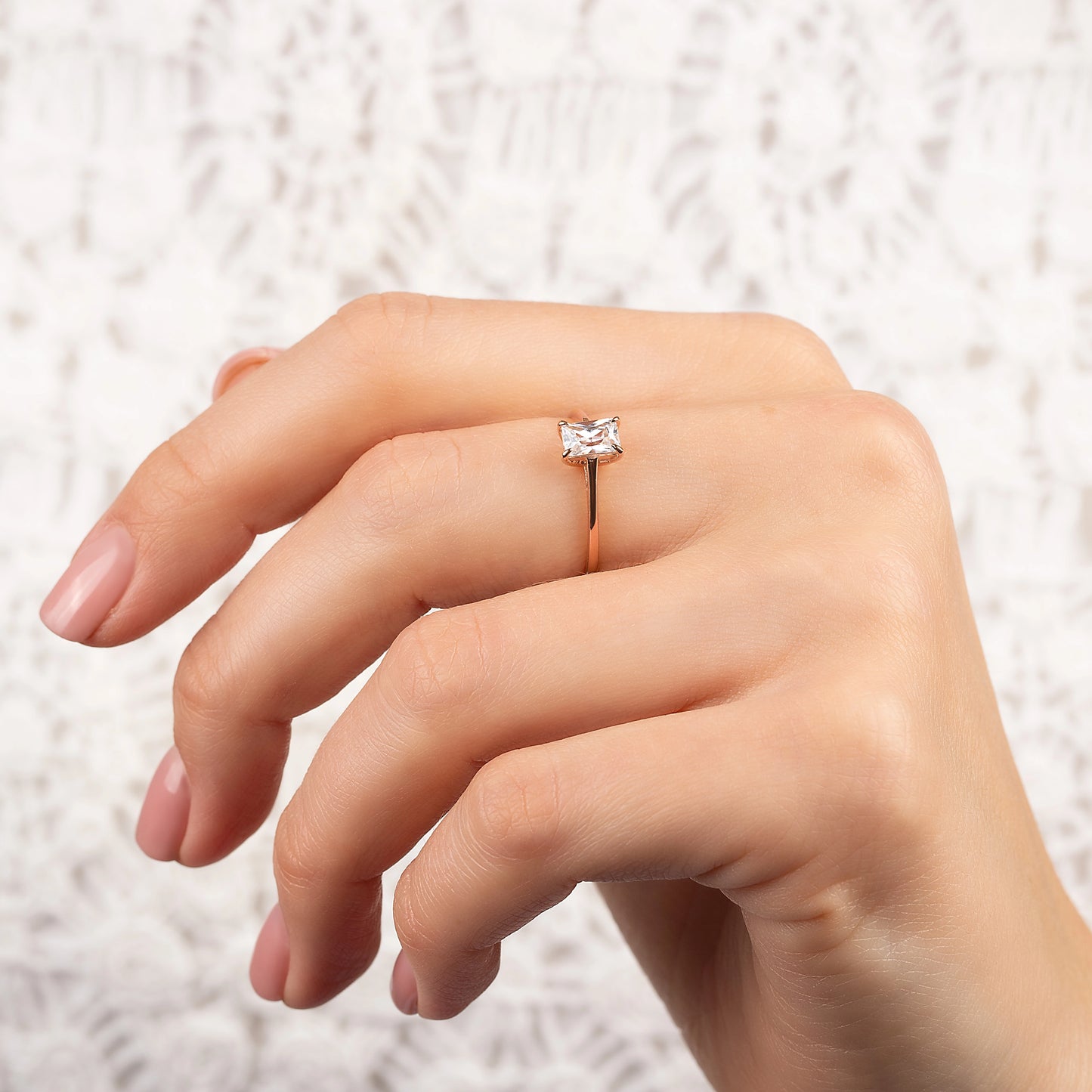 Woman Dainty Solitaire 18k Rose Gold Vermeil Baguette Cut CZ Engagement Ring for Her