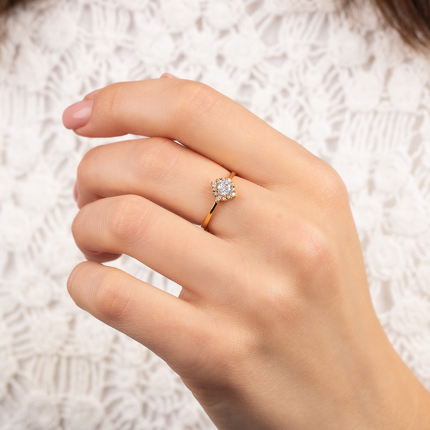 Elegant 18k Yellow Gold Vermeil Halo Cubic Zirconia Engagement Ring