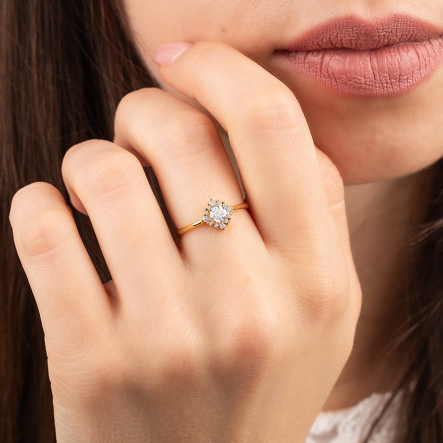 Elegant 18k Yellow Gold Vermeil Halo Cubic Zirconia Engagement Ring