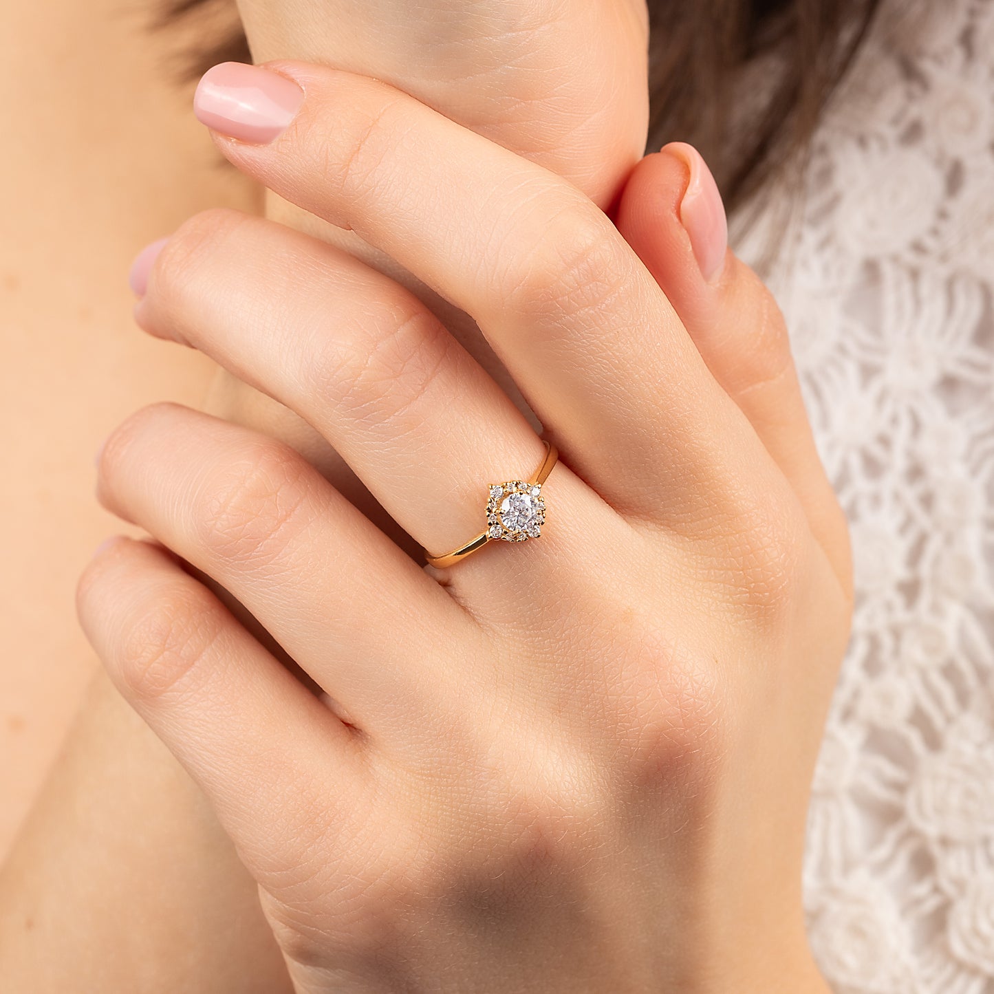 Elegant 18k Yellow Gold Vermeil Halo Cubic Zirconia Engagement Ring