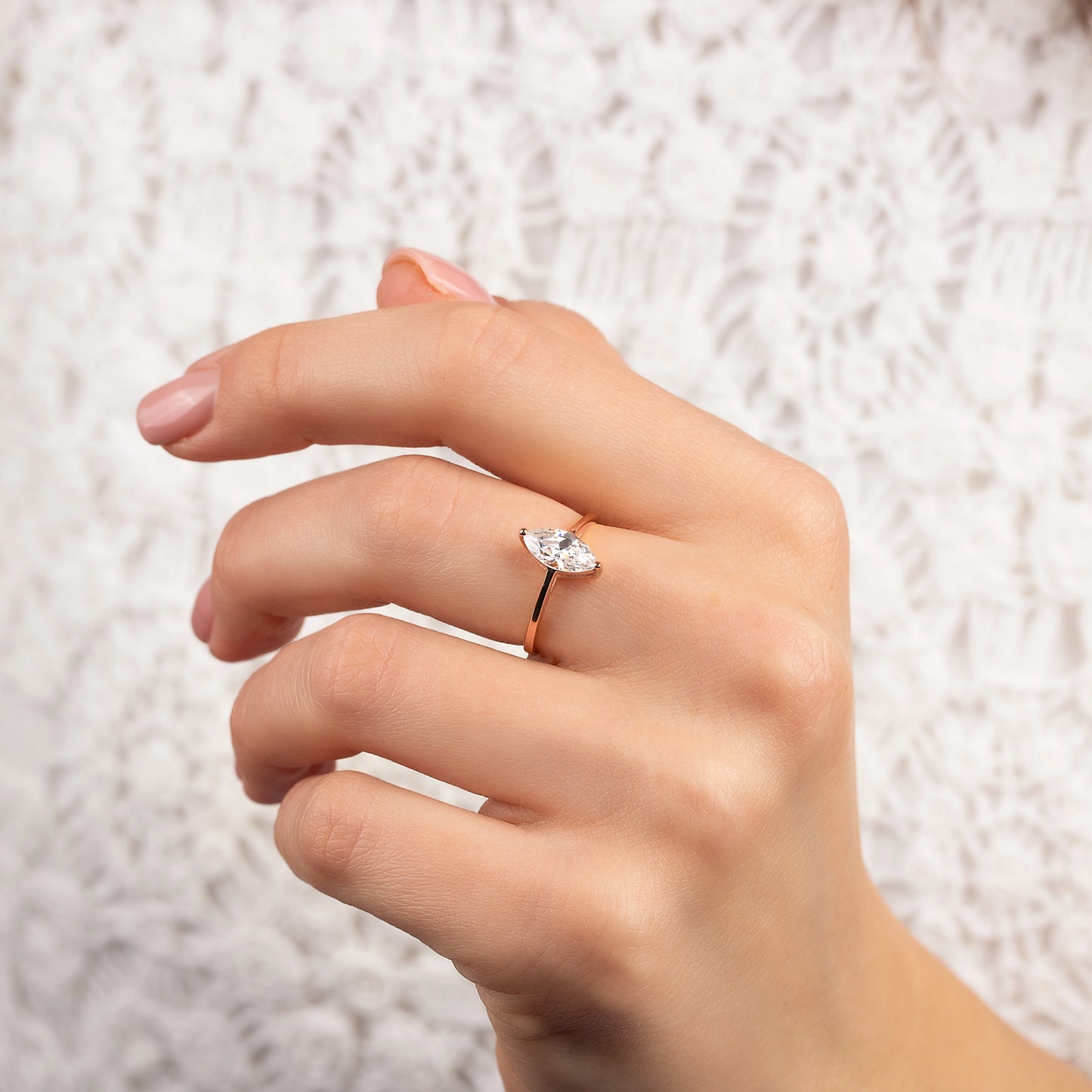 Solitaire 18k Rose Gold Vermeil Marquise Cut CZ Engagement Ring for Her