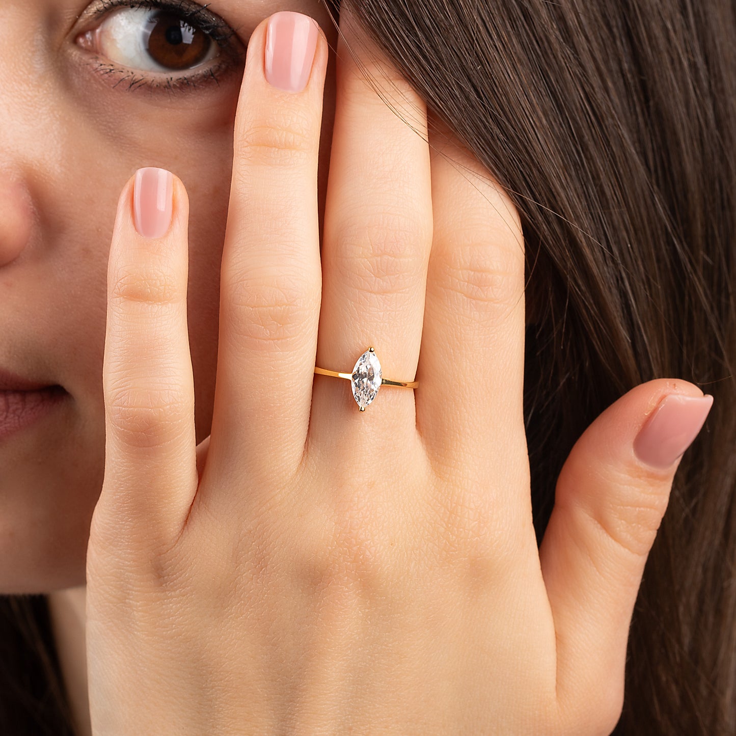 Solitaire 18k Yellow Gold Vermeil Marquise Cut CZ Engagement Ring