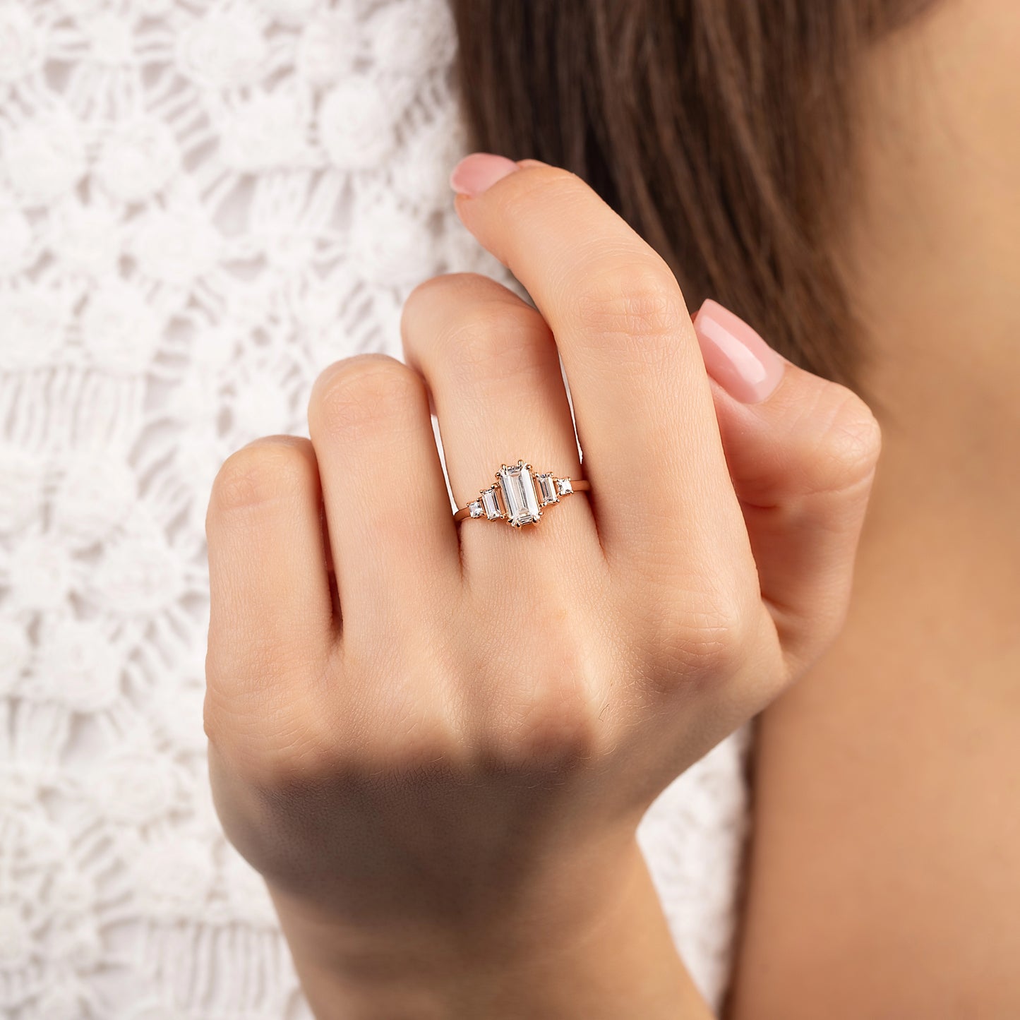 Unique Art Deco Style 18k Rose Gold Vermeil Baguette-Cut Cubic Zirconia Engagement Ring