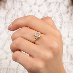 Unique Art Deco Style 18k Yellow Gold Vermeil Baguette-Cut Cubic Zirconia Engagement Ring for Her
