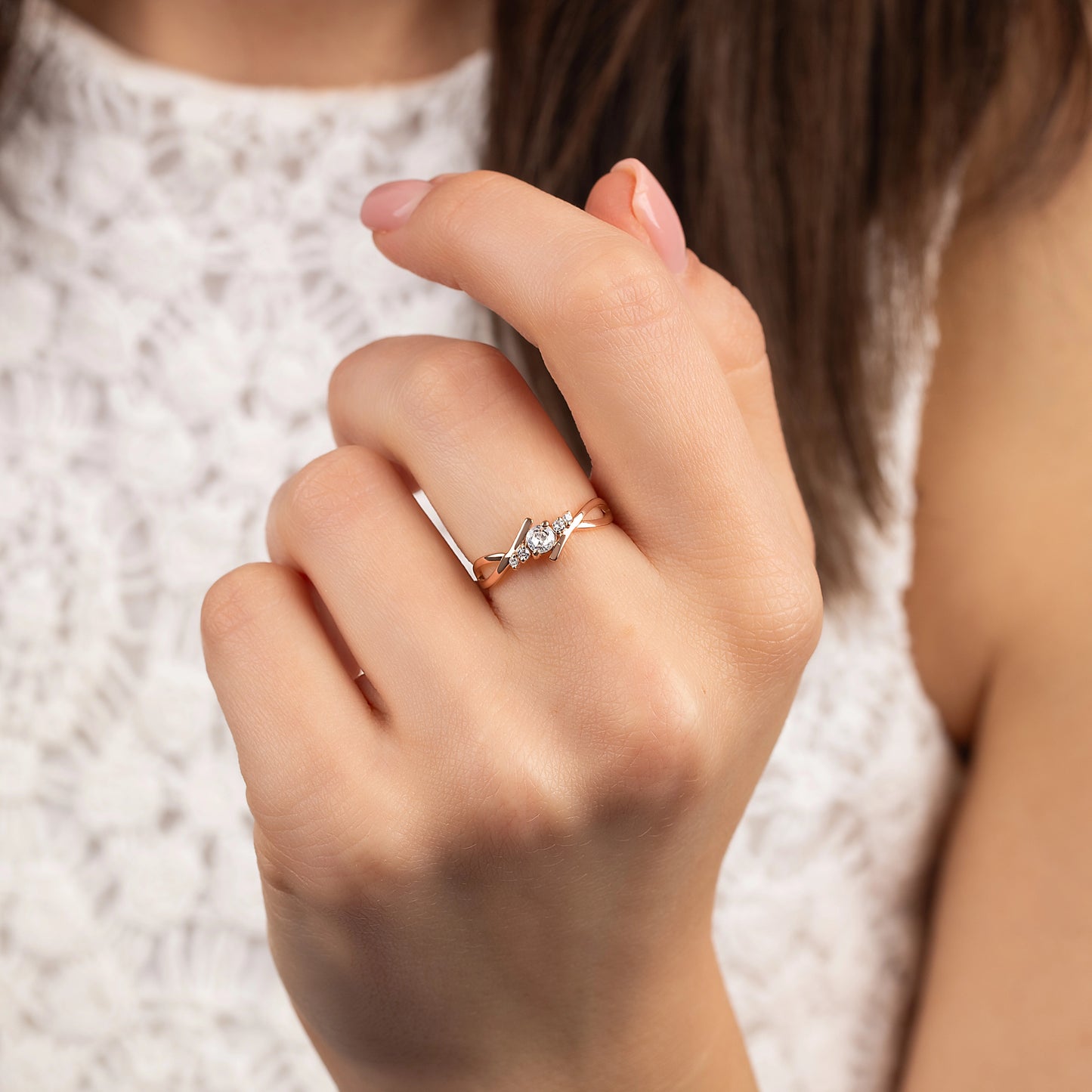 Dainty 18k Rose Gold Diamond Twisted Engagement Ring