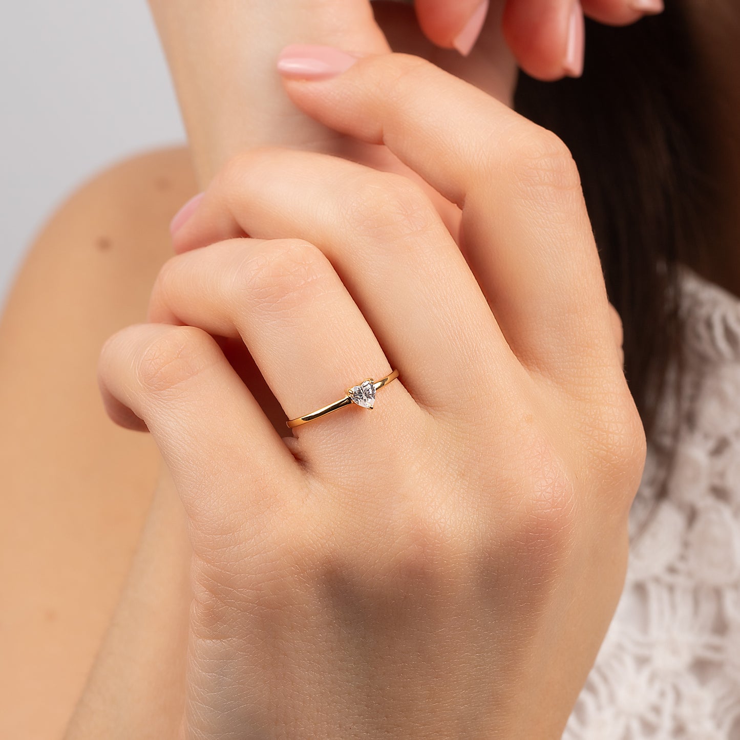 Minimalist Heart 18k Yellow Gold Vermeil Promise Ring for Her with Cubic Zirconia
