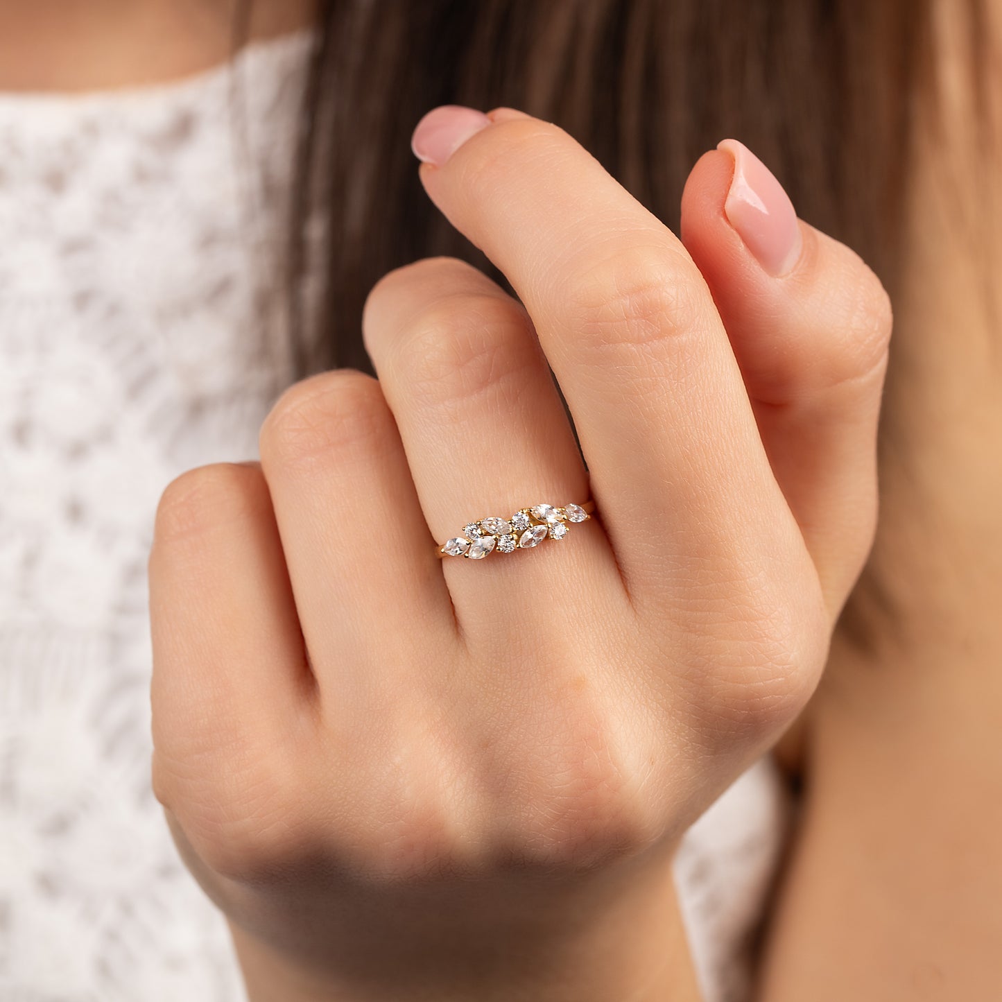 Dainty 18k Yellow Gold Vermeil Marquise Cubic Zirconia Cluster Ring for Her