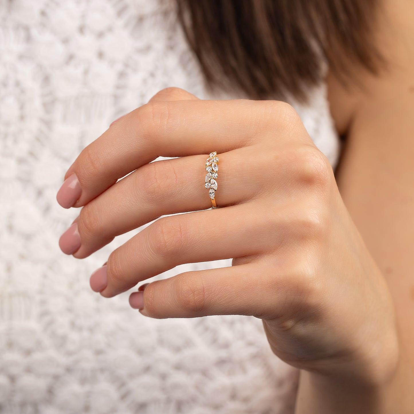 Dainty 18k Yellow Gold Vermeil Marquise Cubic Zirconia Cluster Ring for Her