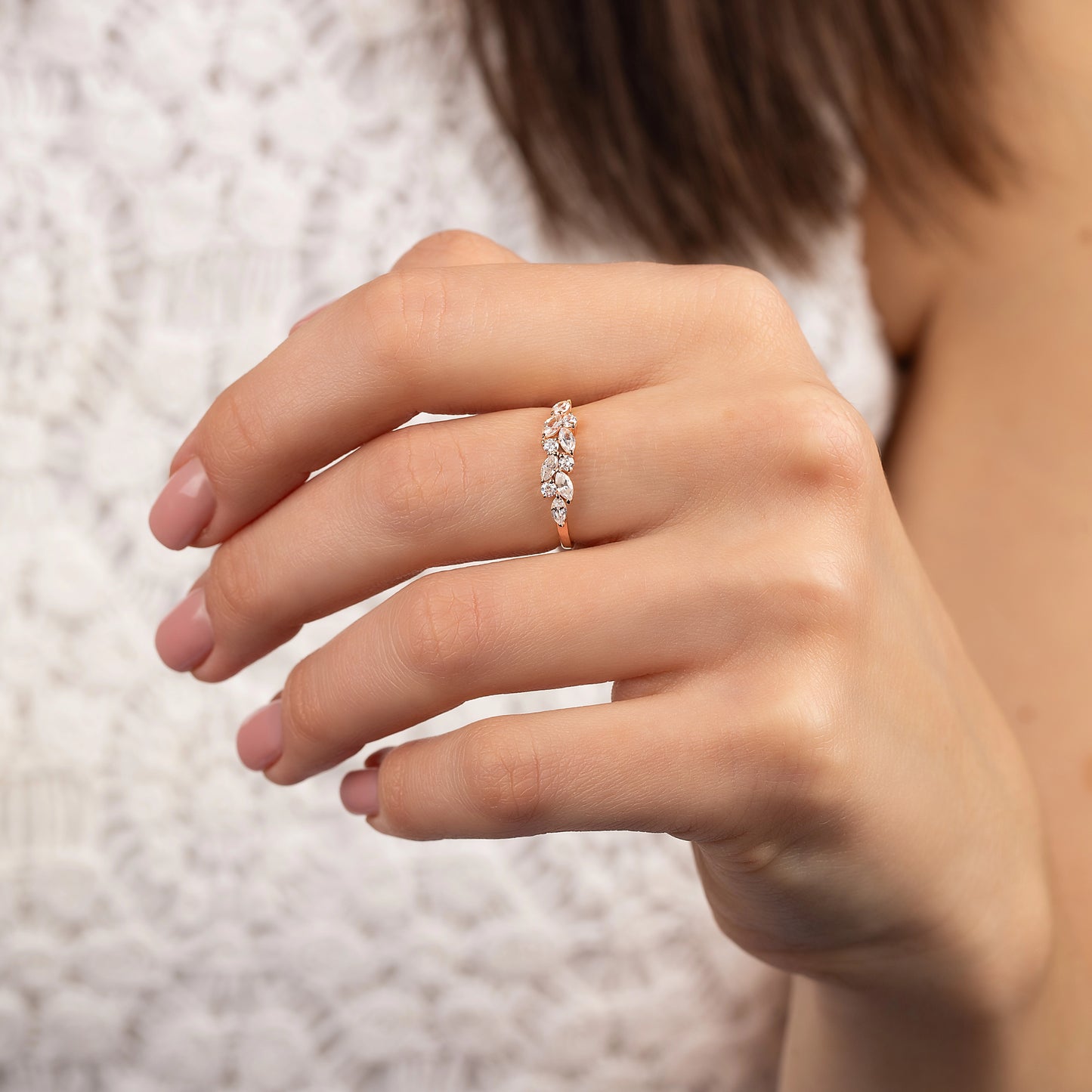 Unique 18k Rose Gold Vermeil Marquise Cubic Zirconia Cluster Ring for Her