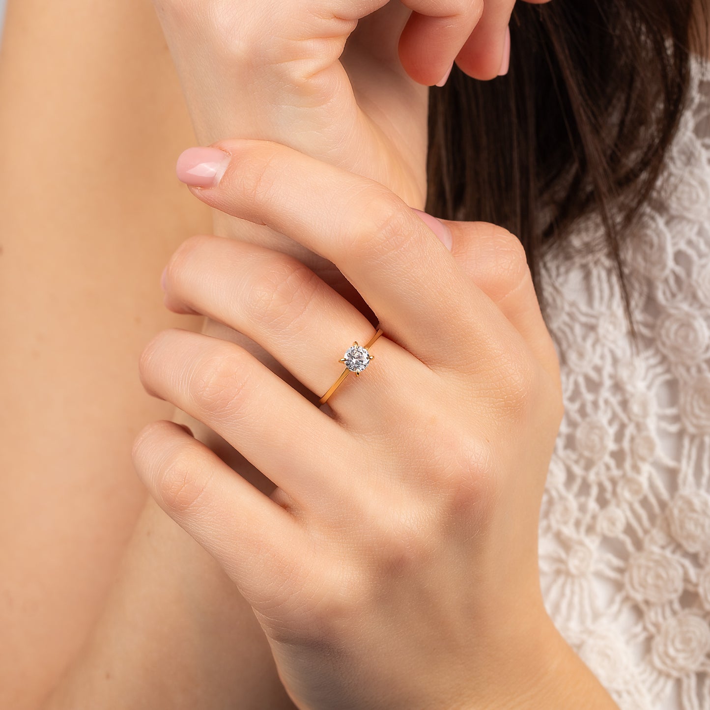 Delicate 18k Yellow Gold Vermeil Solitaire Cubic Zirconia Engagement Ring for Her