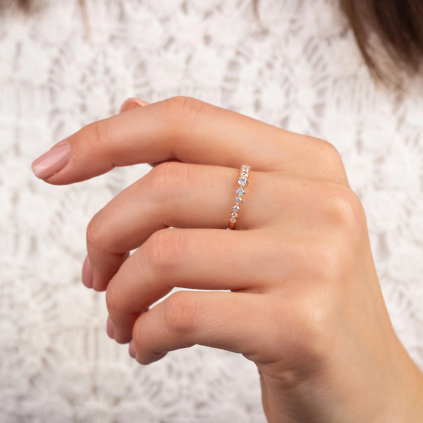 Half Eternity Dainty 18k Rose Gold Vermeil Wedding Band with Cubic Zirconia