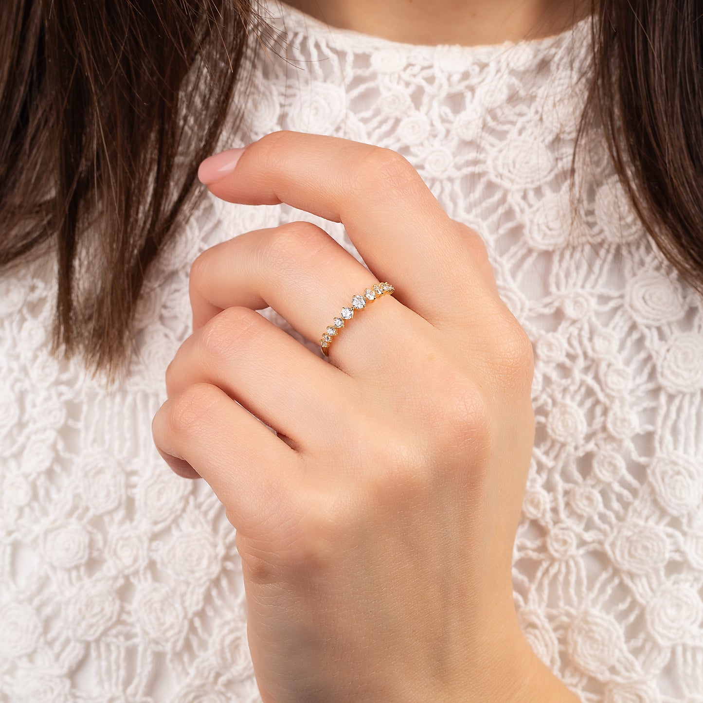 Delicate Half Eternity 18k Yellow Gold Vermeil Wedding Band with Cubic Zirconia
