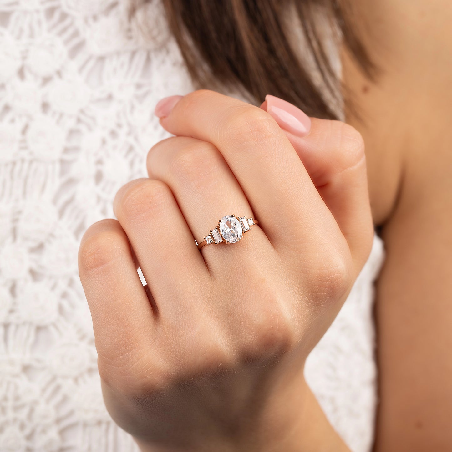 Art Deco Style 18k Rose Gold Vermeil Oval Engagement Ring with Cubic Zirconia