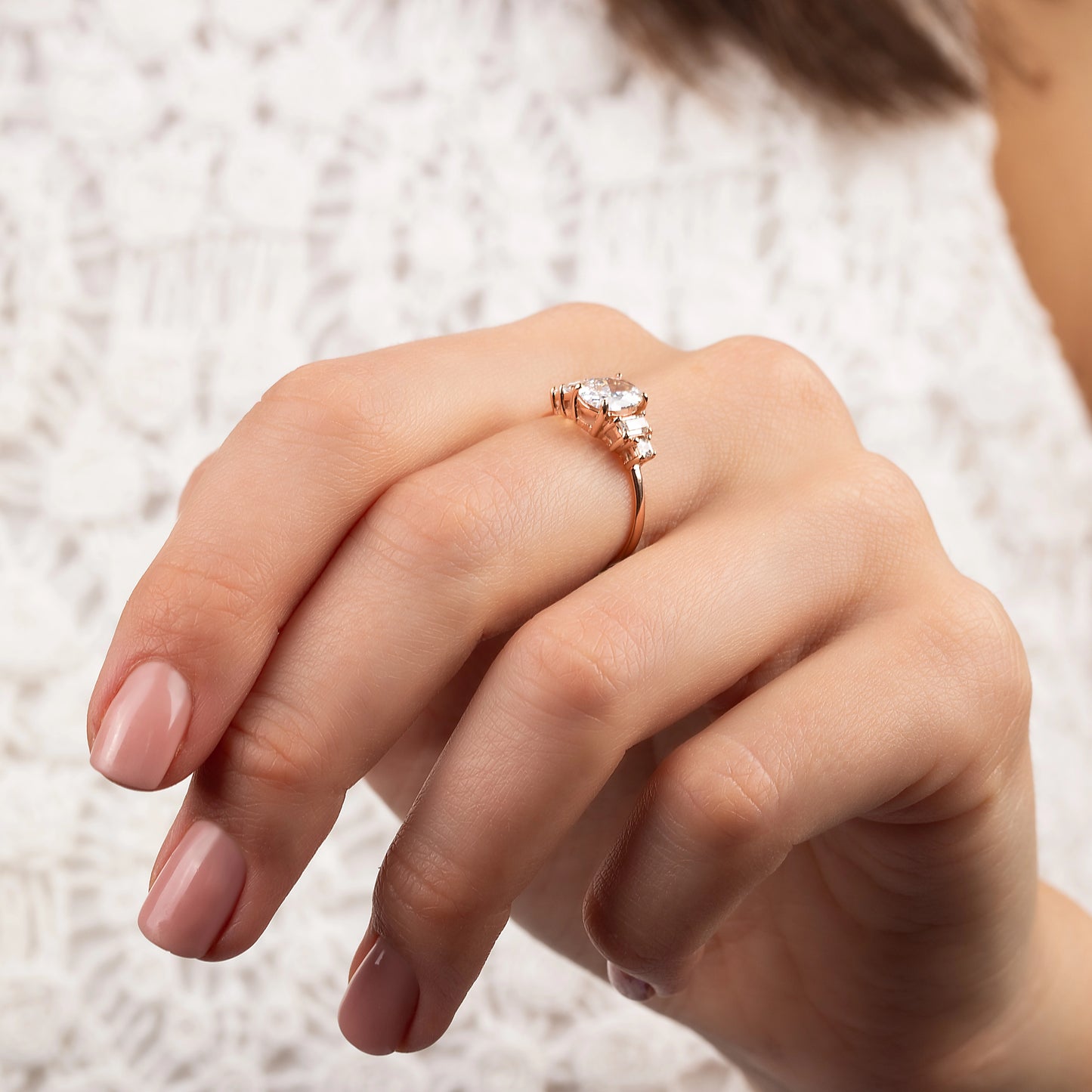 Art Deco Style 18k Rose Gold Vermeil Oval Engagement Ring with Cubic Zirconia