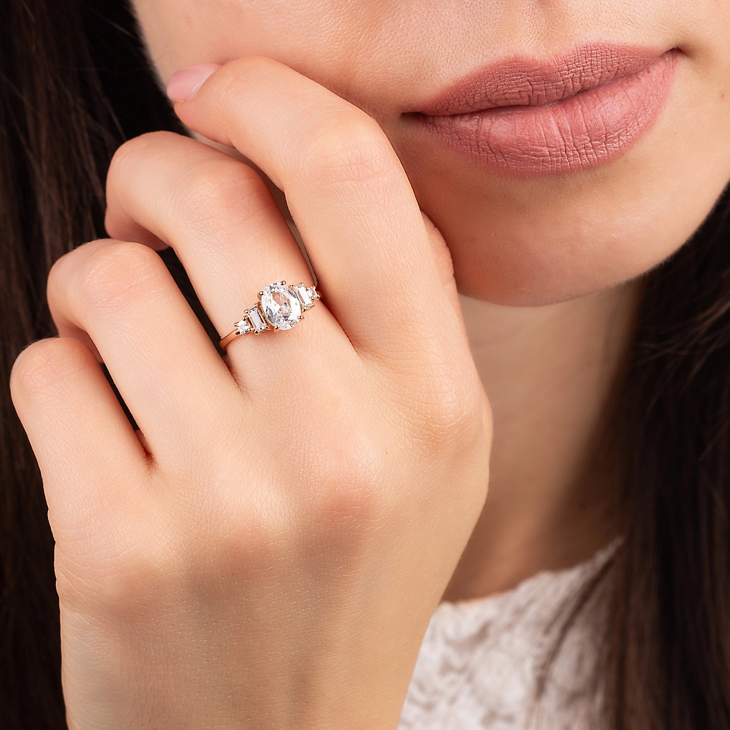 Art Deco Style 18k Rose Gold Vermeil Oval Engagement Ring with Cubic Zirconia