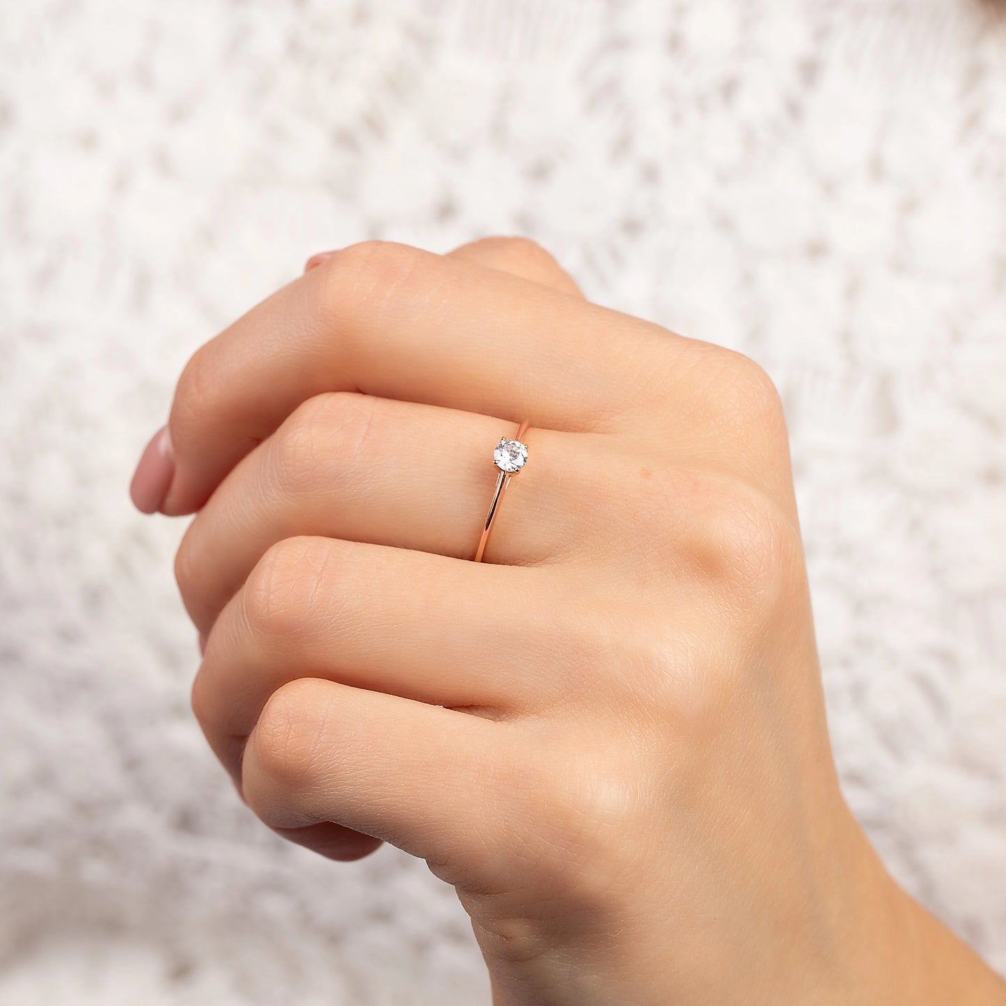 Delicate and Minimalist 18k Rose Gold Vermeil Solitaire Cubic Zirconia Engagement Ring