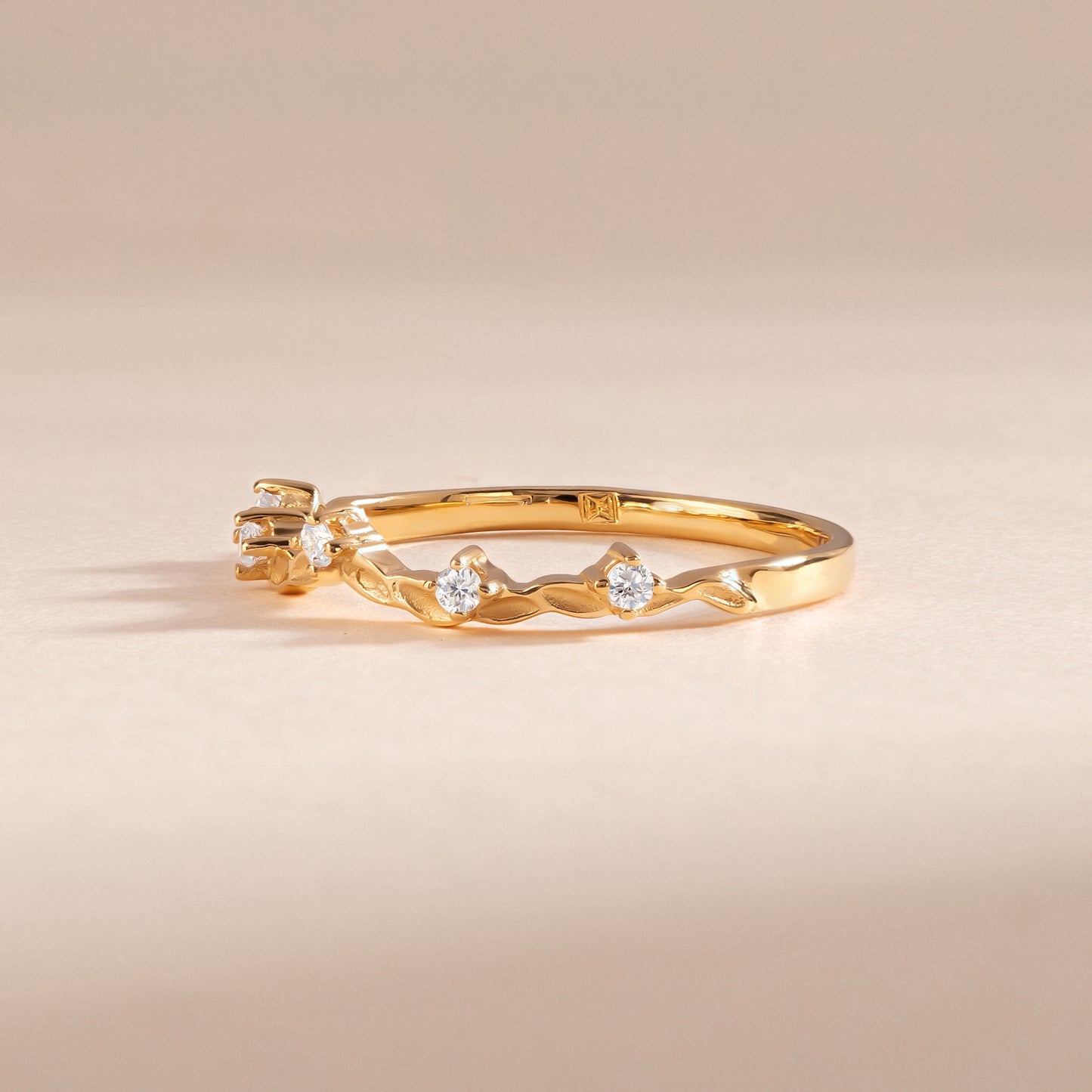 18k Yellow Gold Vermeil Nature Inspired Cubic Zirconia Curved Wedding Ring