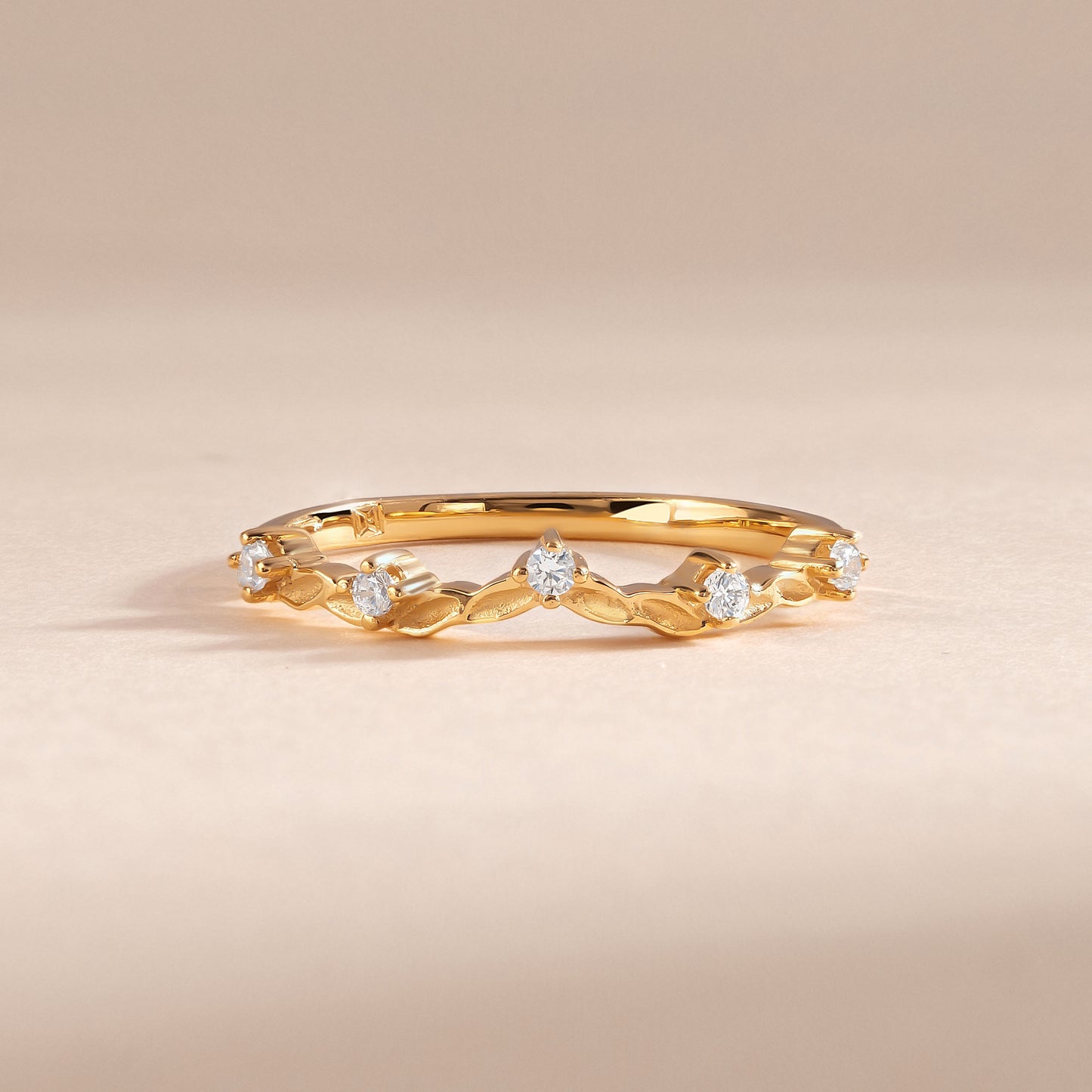 18k Yellow Gold Vermeil Nature Inspired Cubic Zirconia Curved Wedding Ring