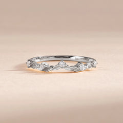 Unique Nature Inspired 925 Sterling Silver Curved Leaf CZ Wedding Band