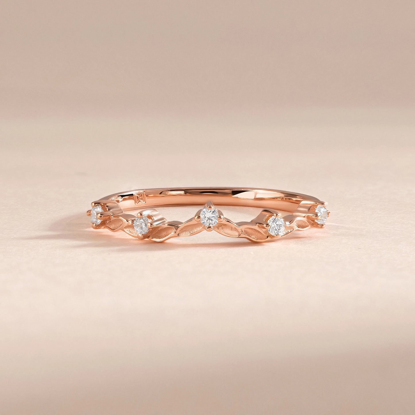 Stacking 18k Rose Gold Vermeil Nature Inspired Cubic Zirconia Wedding Chevron Ring