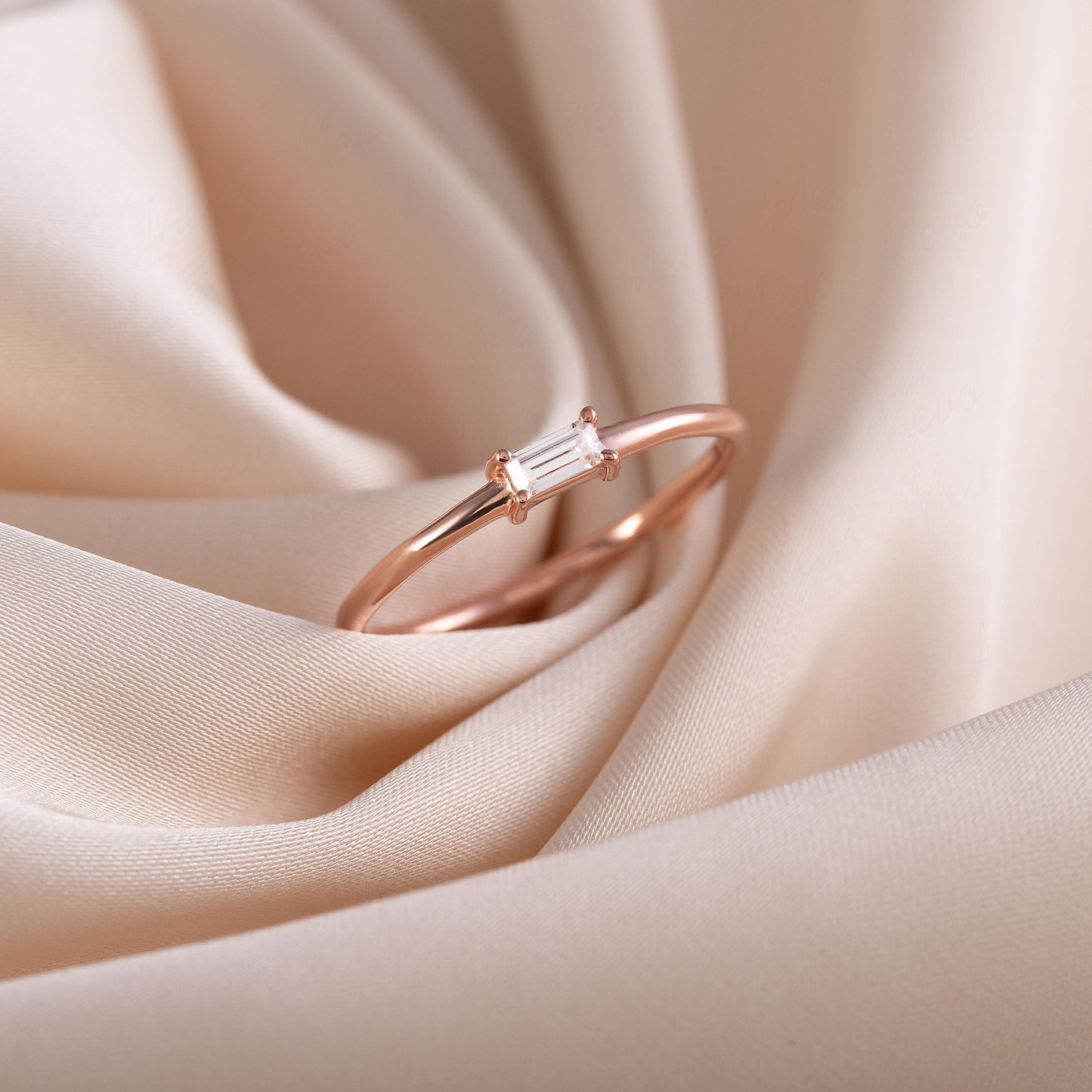 Minimalist 18K Rose Gold Vermeil Silver Baguette CZ Promise Ring for Her