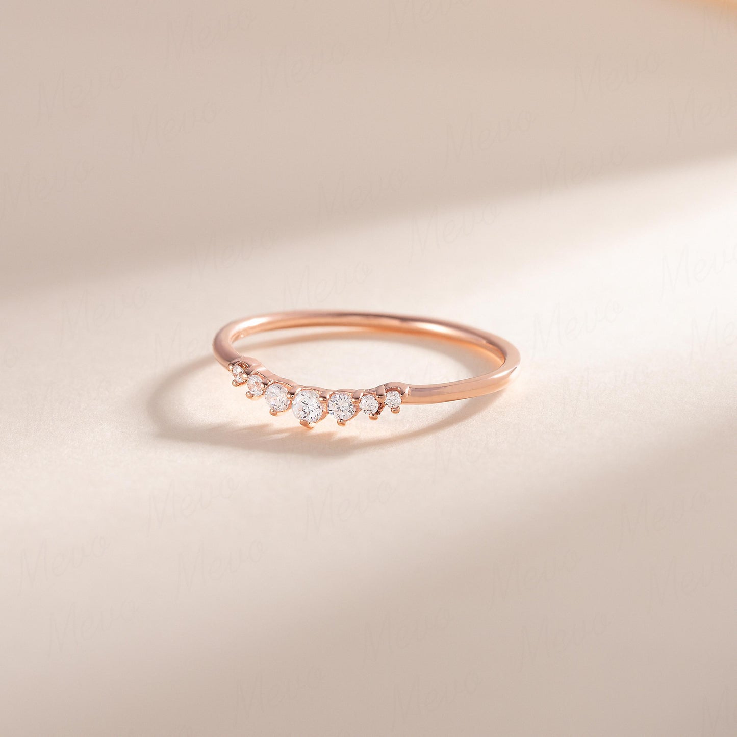Women Dainty 18K Rose Gold Vermeil Silver Сhevron CZ Wedding Band, Curved Stackable Ring