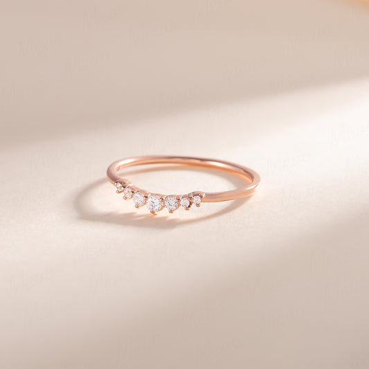 Women Dainty 18K Rose Gold Vermeil Silver Сhevron CZ Wedding Band, Curved Stackable Ring